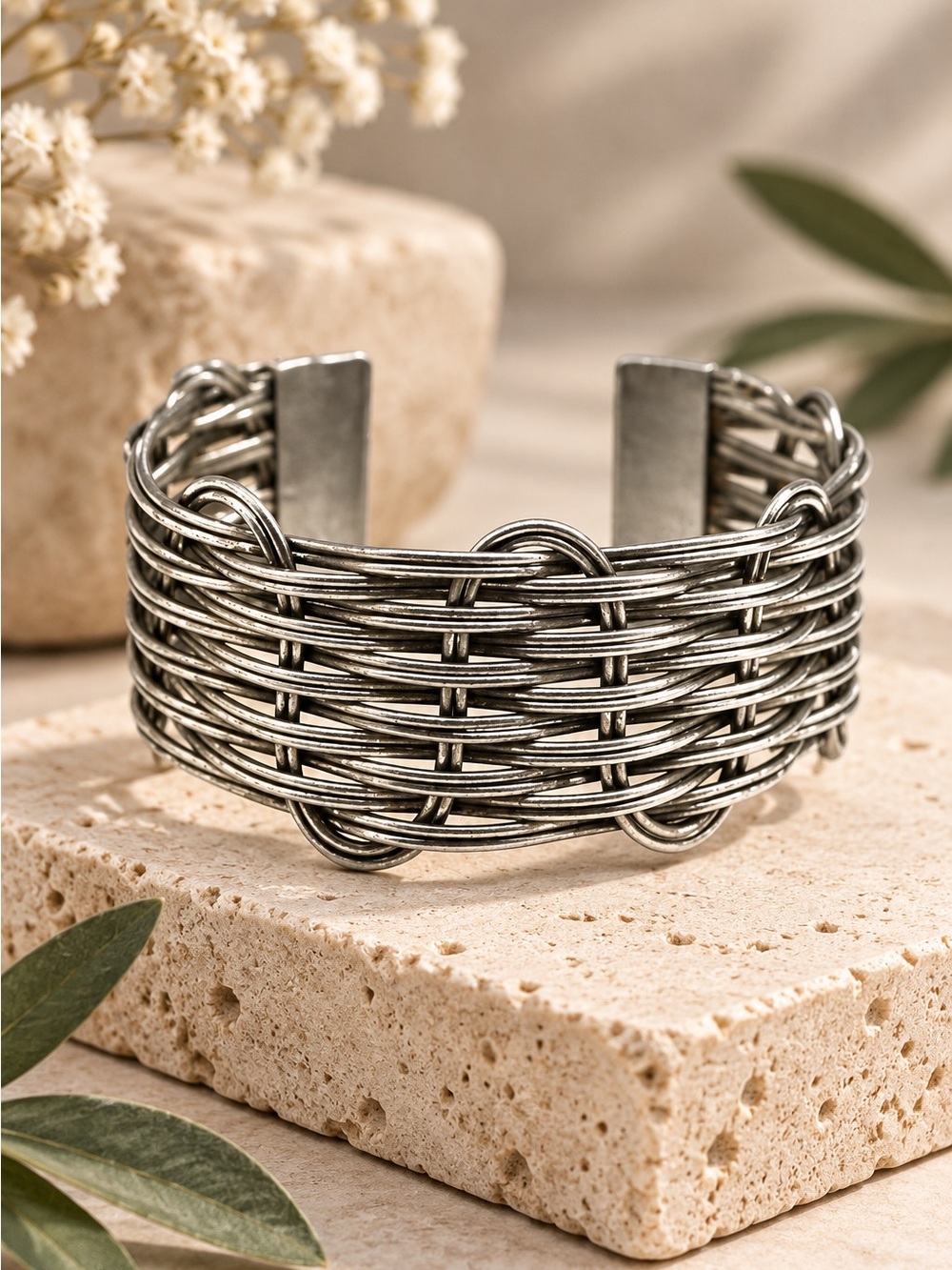 Woven Wire Open Cuff Statement Bracelet Silver Tone